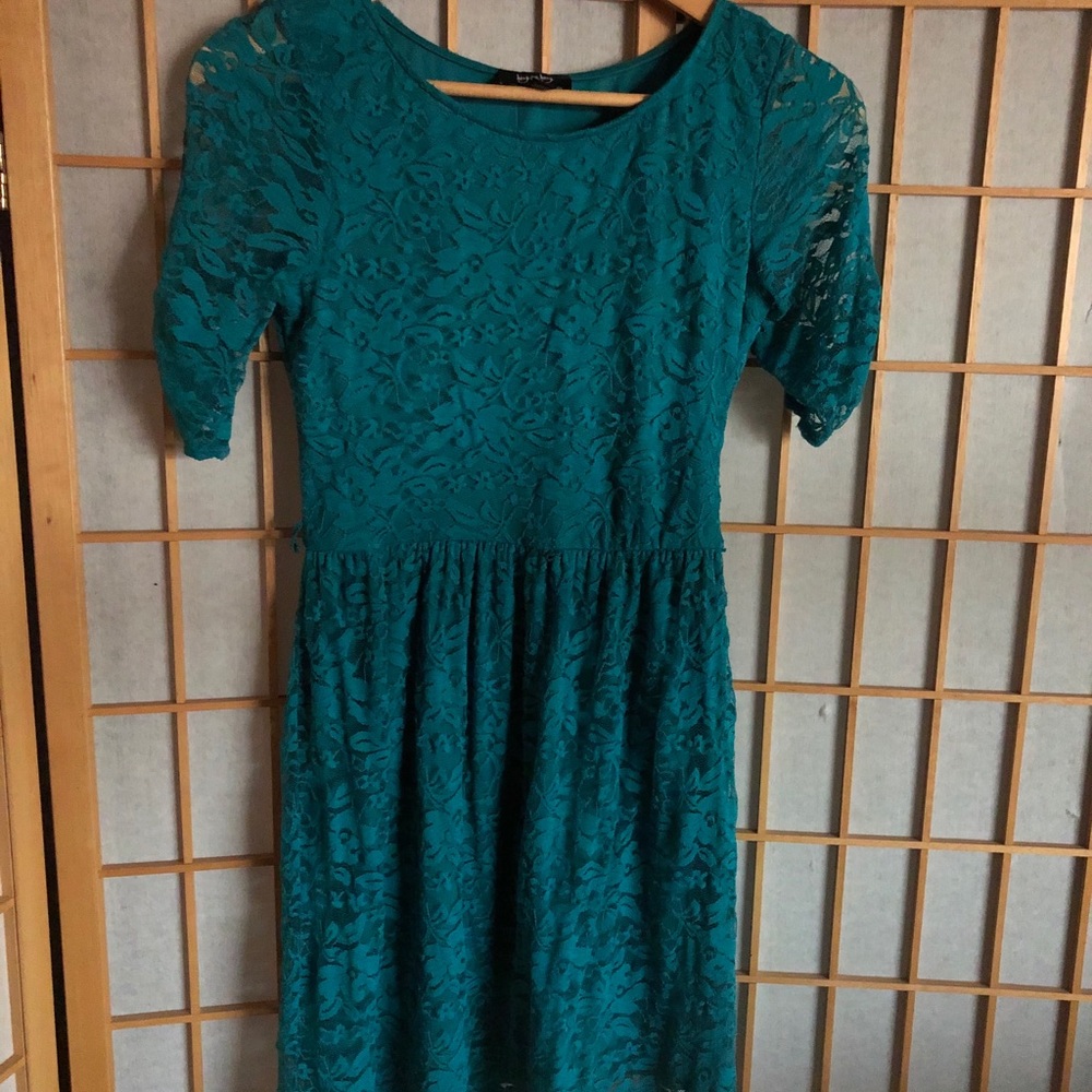 Teal lace fit and flare dress Small by & by